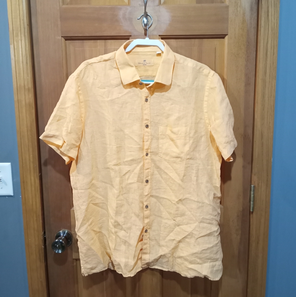 Island Trends 100% linen orange short sleeve button up shirt size XXL